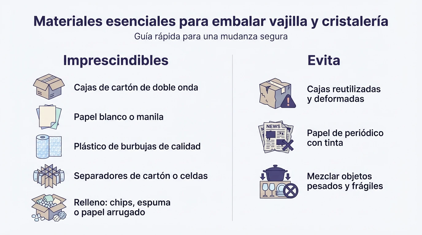 Infografía con lista de materiales imprescindibles y errores a evitar al embalar vajilla y cristalería para una mudanza.