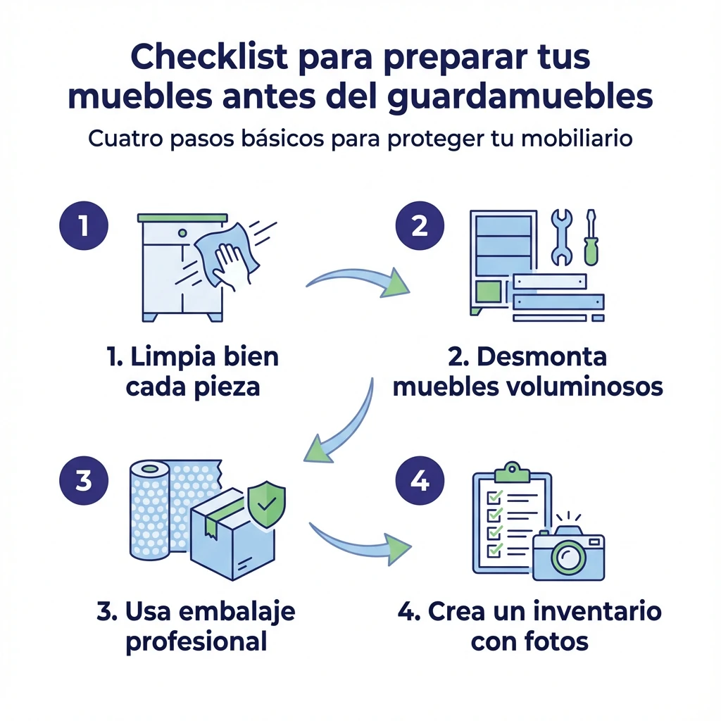 Diagrama en formato checklist con cuatro pasos para preparar los muebles antes de llevarlos a un guardamuebles.
