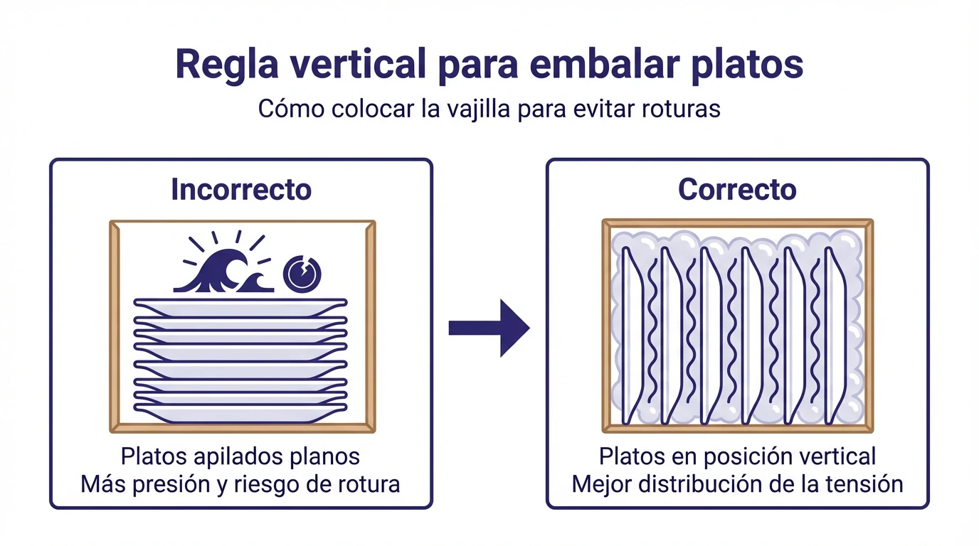Diagrama comparativo que muestra la diferencia entre apilar platos en horizontal y colocarlos en vertical dentro de una caja.