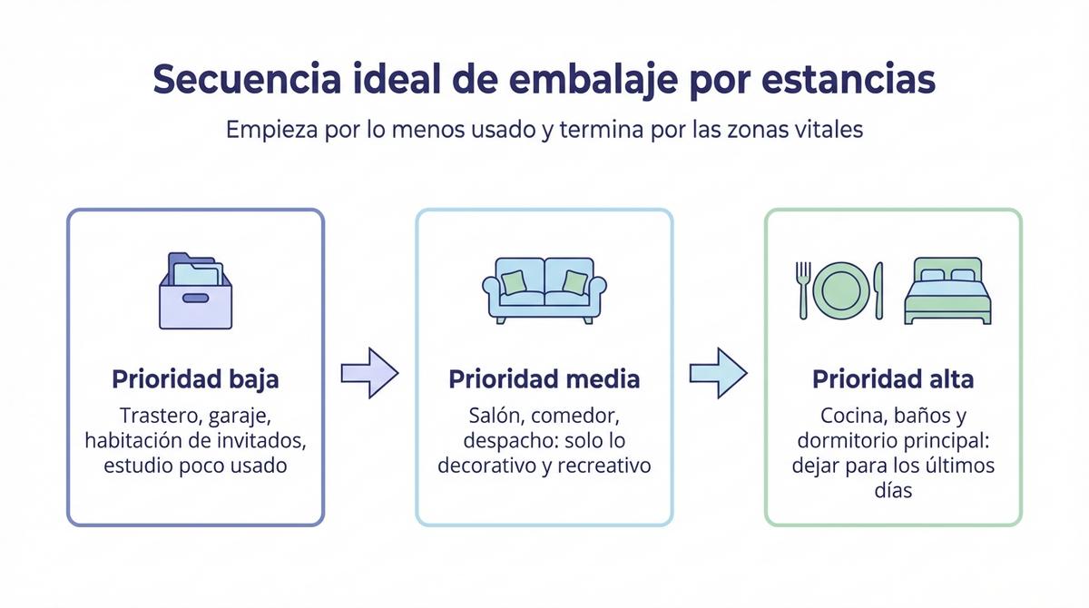 Infografía que explica cómo etiquetar cajas por estancias, colores y prioridad en una mudanza.
