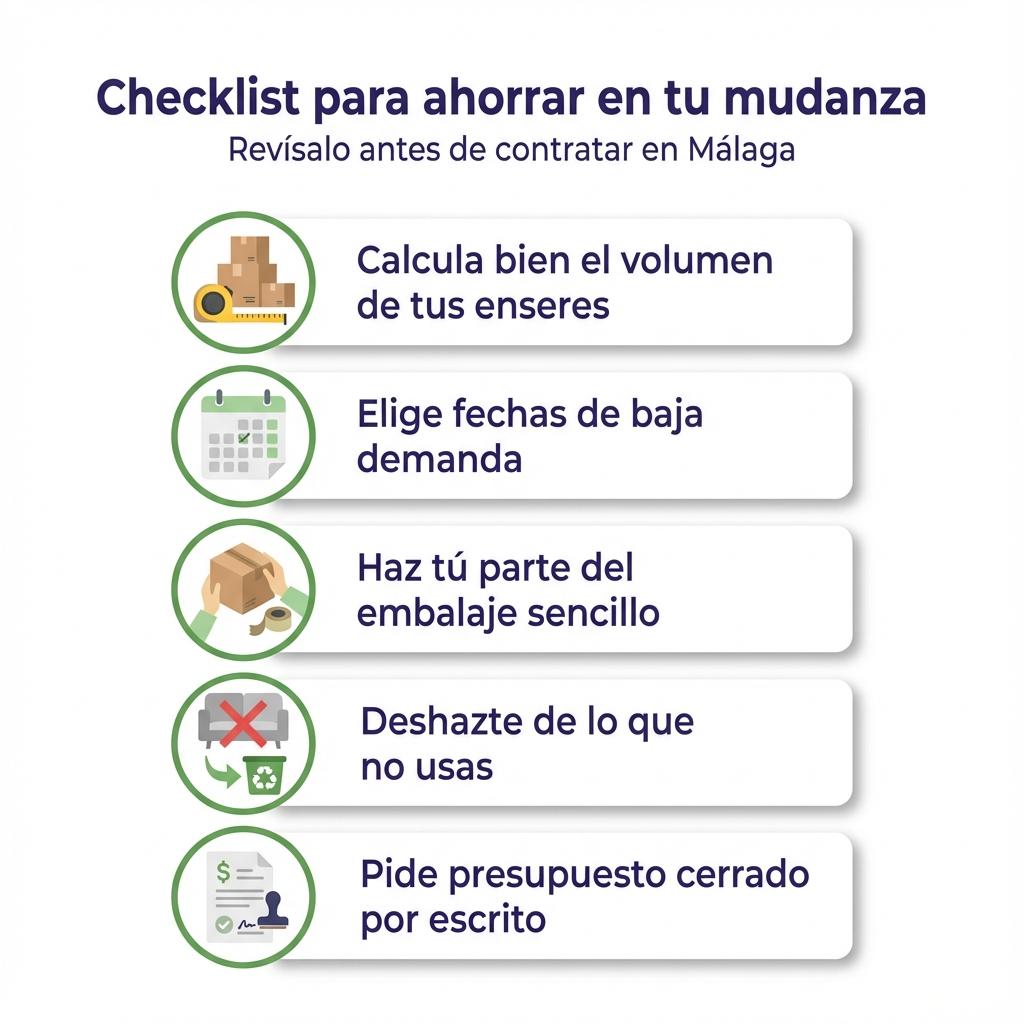 Checklist visual con cinco pasos para ahorrar en una mudanza.