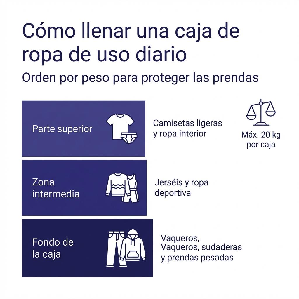 Diagrama visual que muestra la distribución por capas de la ropa diaria dentro de una caja de mudanza