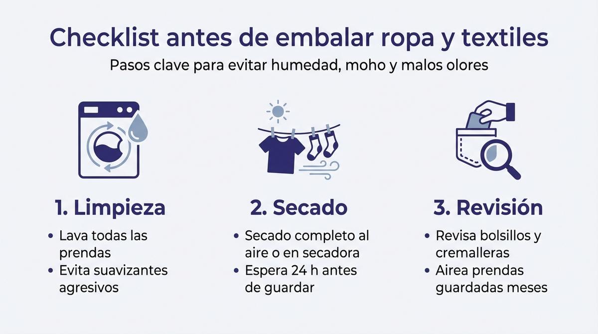 Infografía con checklist de limpieza, secado y revisión antes de embalar ropa para una mudanza