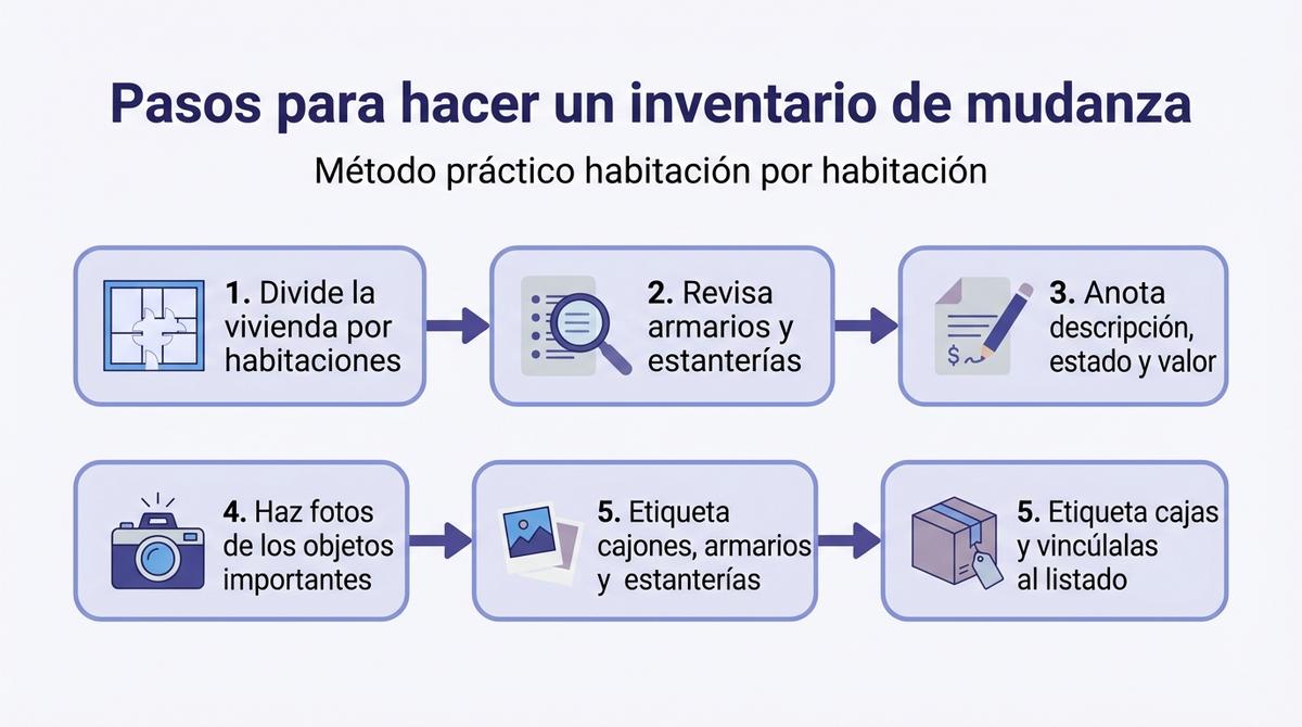 Diagrama con los pasos básicos para elaborar un inventario de mudanza habitación por habitación.