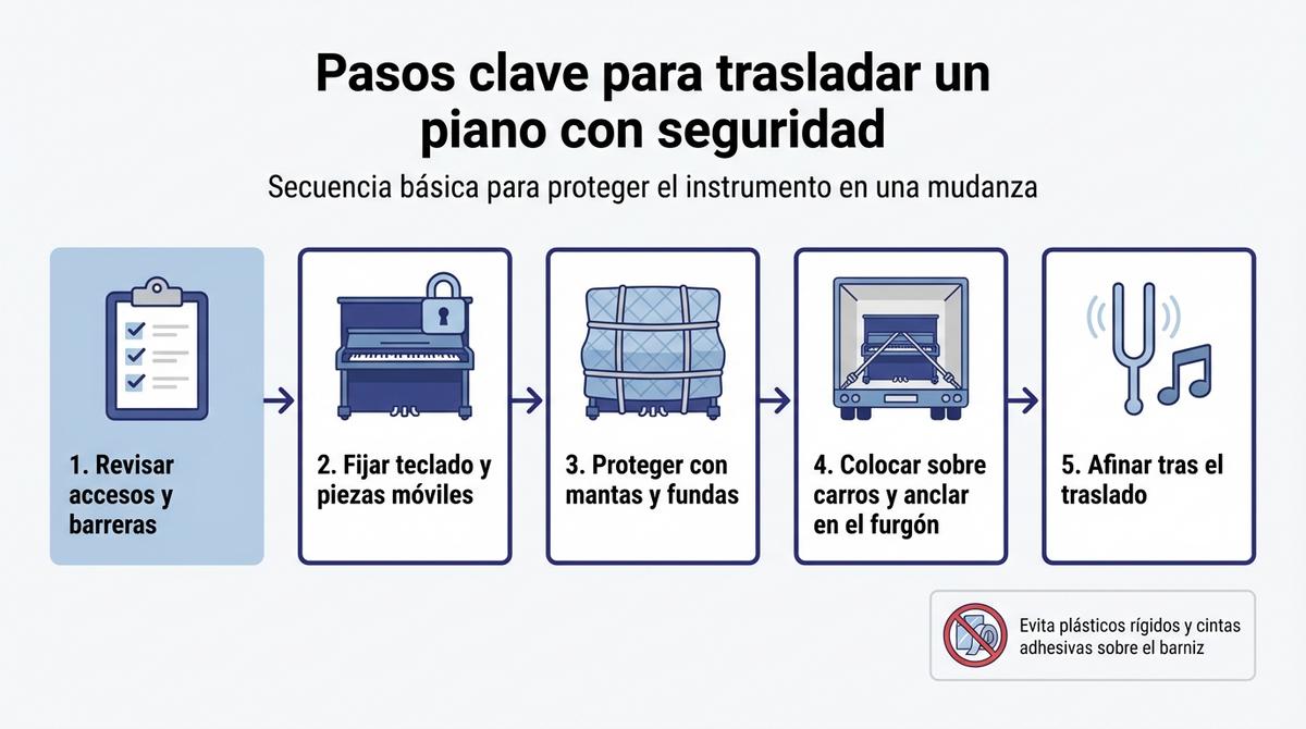 Diagrama de los pasos principales para trasladar un piano con seguridad en una mudanza