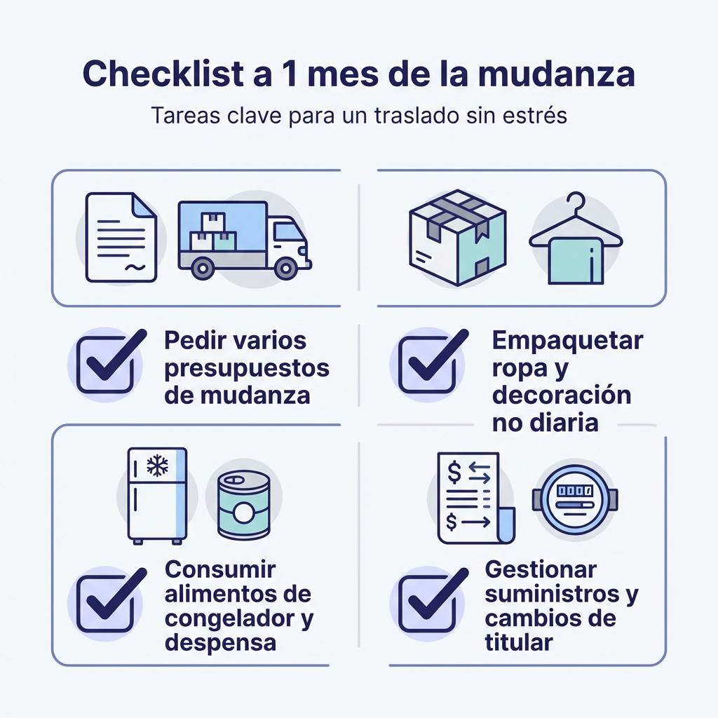 Diagrama en forma de checklist con las tareas principales que hacer un mes antes de la mudanza.