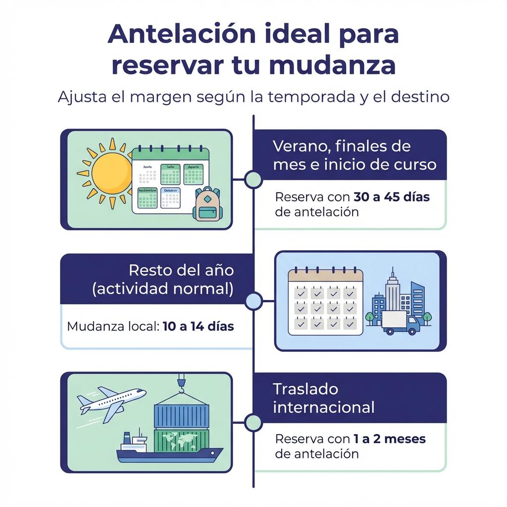 Infografía con línea de tiempo sobre la antelación ideal para reservar una mudanza según la temporada y el tipo de traslado.