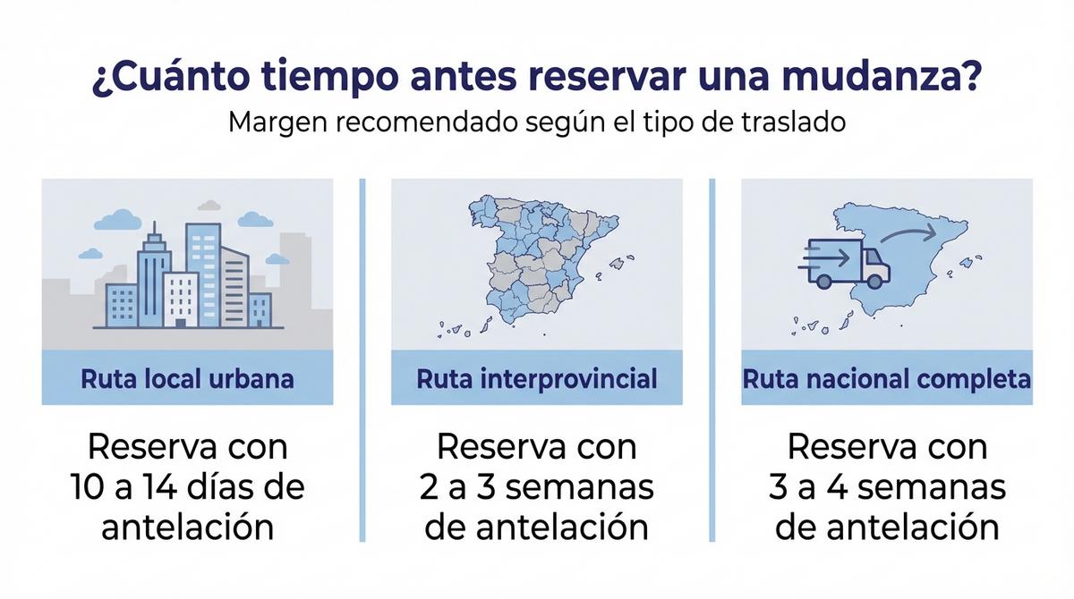 Infografía que compara el tiempo de antelación recomendado para reservar una mudanza local, interprovincial y nacional.