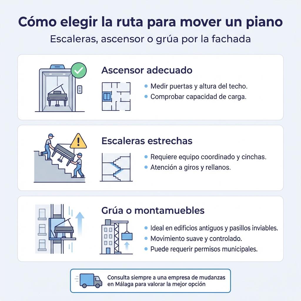 Infografía sobre cómo decidir entre ascensor, escaleras o grúa de fachada para trasladar un piano