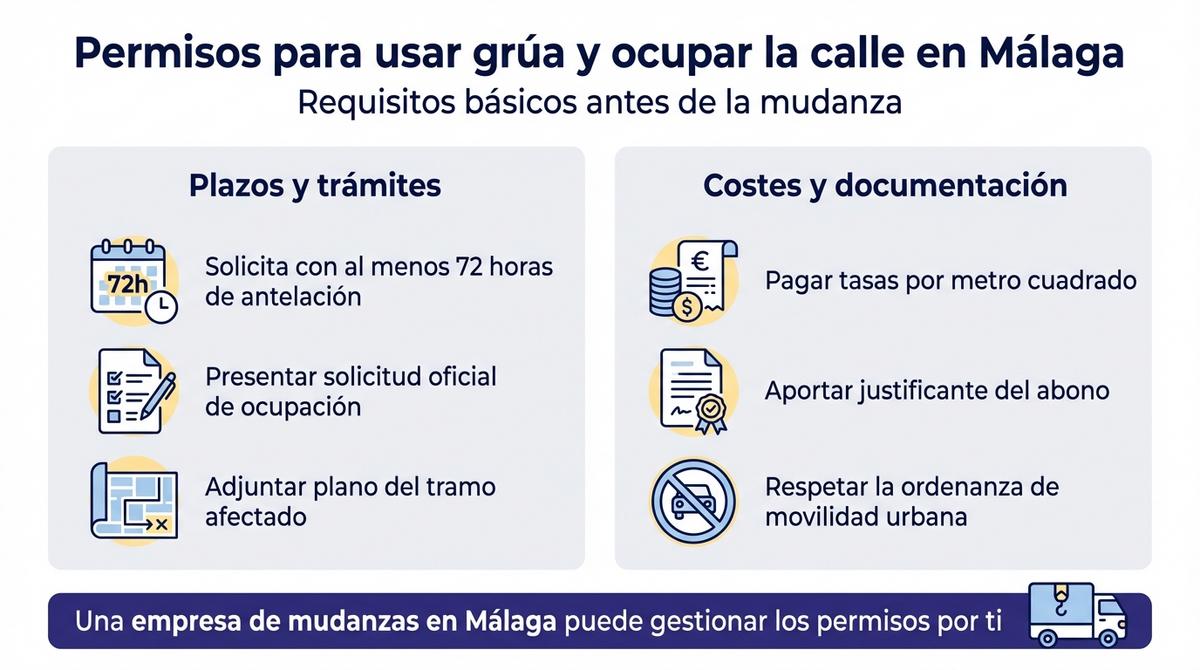 Infografía sobre permisos y licencias municipales necesarios para usar grúa y ocupar la vía pública en una mudanza en Málaga