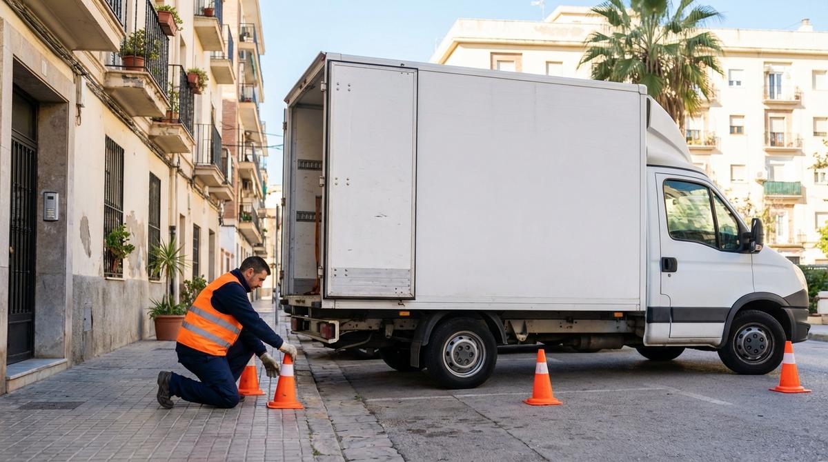 Trabajador de mudanzas colocando señalización alrededor de un camión aparcado en una calle urbana.