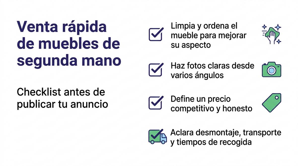 Checklist visual con cuatro pasos clave para vender muebles de segunda mano antes de una mudanza