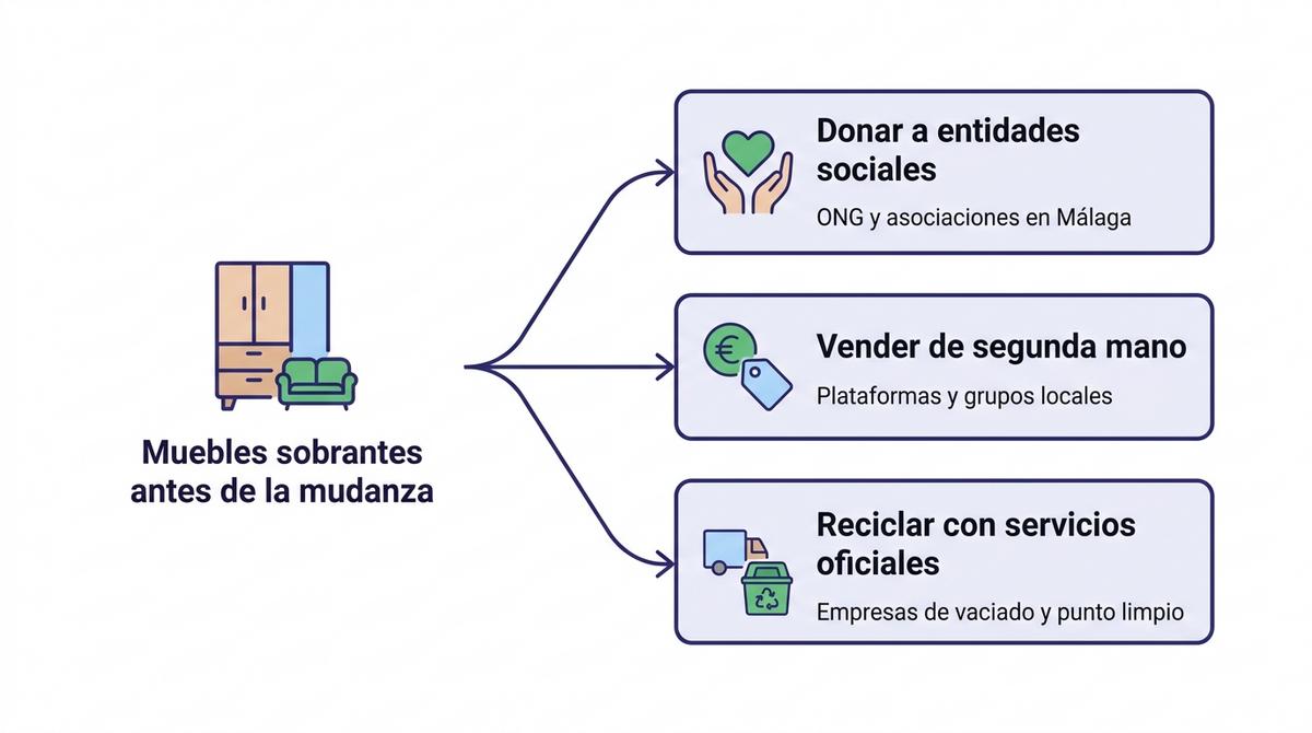 Diagrama con tres opciones para gestionar muebles sobrantes antes de una mudanza: donar, vender o reciclar