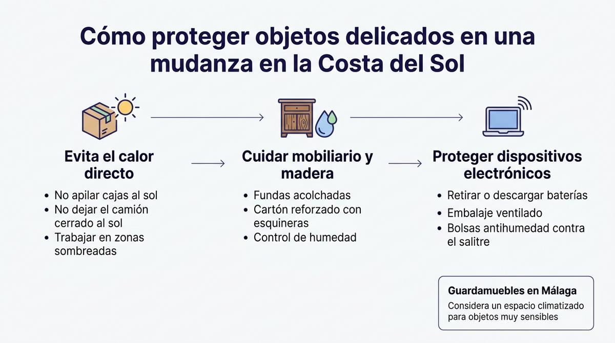 Diagrama que muestra pasos para proteger muebles, cajas y dispositivos electrónicos del calor y la humedad en una mudanza costera.