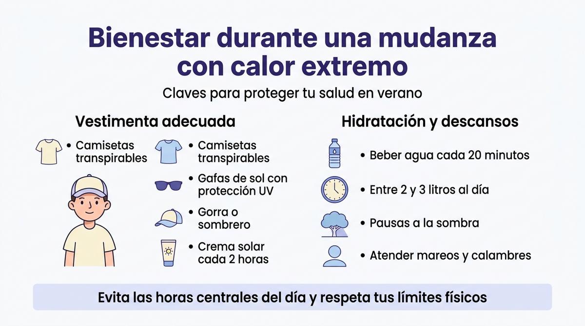 Infografía con recomendaciones de vestimenta, hidratación y pausas para hacer una mudanza con calor extremo.