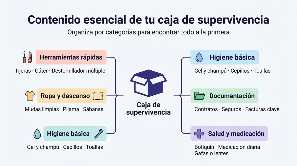 Diagrama con categorías principales de contenido para organizar una caja de supervivencia en mudanza.