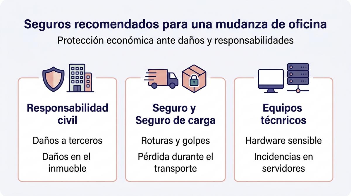 Infografía comparativa con tres tipos de seguros recomendados para una mudanza de oficina.