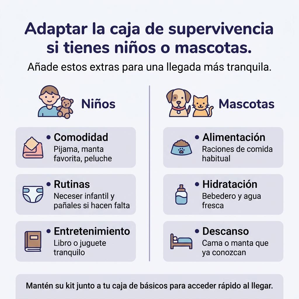Infografía sobre cómo adaptar la caja de supervivencia de mudanza para niños y mascotas.