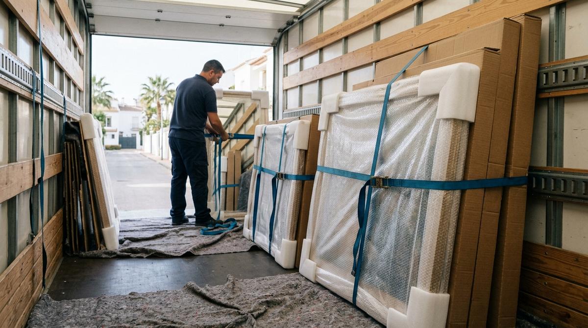 Cuadros y espejos embalados en posición vertical y sujetos con cinchas dentro de un camión de mudanzas