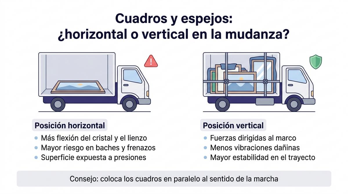 Diagrama que compara el transporte de cuadros en posición horizontal frente a vertical dentro de un camión