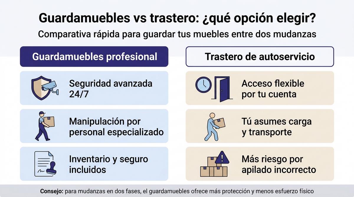 Infografía comparativa entre guardamuebles profesional y trastero de autoservicio para guardar muebles temporalmente.