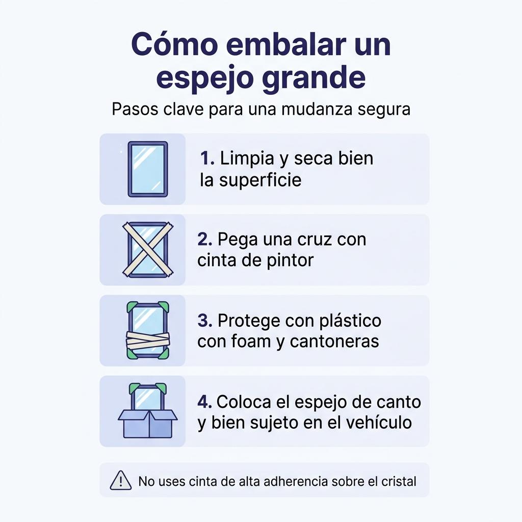 Infografía con los pasos básicos para embalar un espejo grande usando la técnica de la cruz de cinta