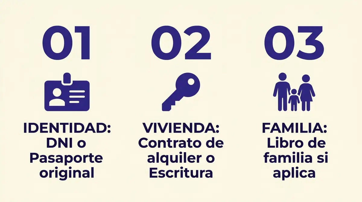 Infografía estructurada en tres pasos de los documentos obligatorios para el alta en el padrón municipal tras un traslado o mudanza.