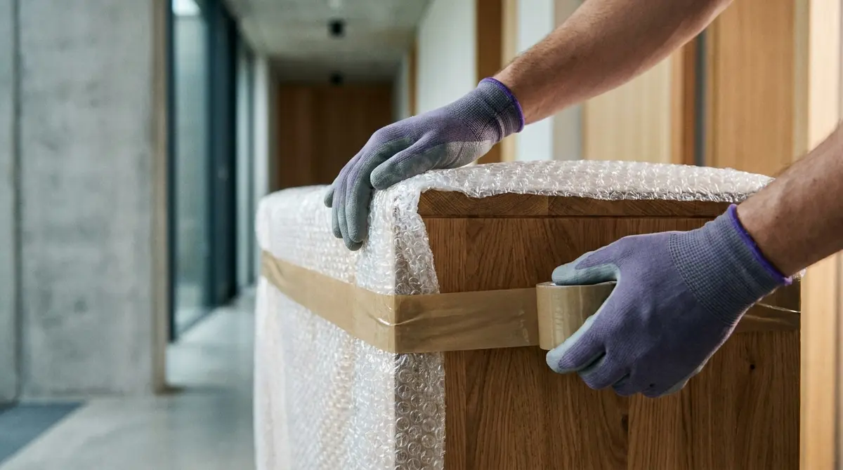 Detalle de un operario protegiendo un mueble de madera para evitar daños durante un traslado.