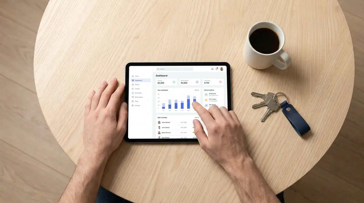 Vista superior de una mesa organizada con llaves de casa, una taza de café y una tableta donde se gestionan digitalmente los contratos de luz e internet de un nuevo domicilio.