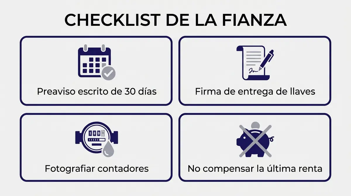 Infografía paso a paso con los requisitos esenciales para recuperar la fianza de alquiler.