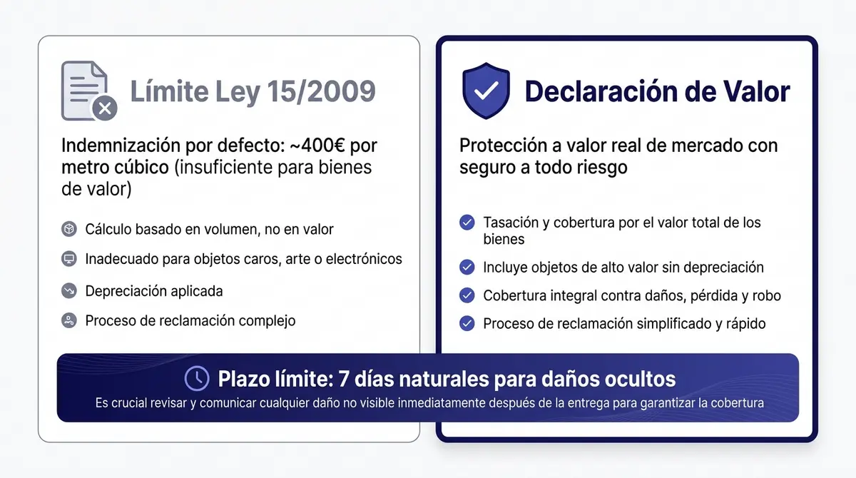 Tabla comparativa que detalla los límites legales de indemnización frente a la protección que ofrece una declaración de valor.