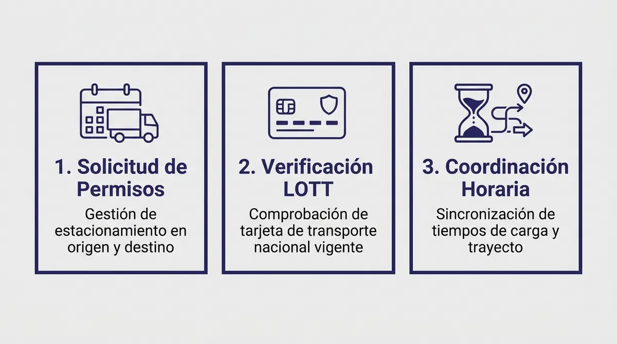 Infografía explicativa con los tres pasos clave para la planificación logística de una mudanza nacional de larga distancia.